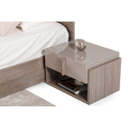 One Drawer and One Shelf Nightstand with Sleek Plank Shape Pull, Beige and Brown
