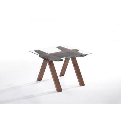 Square Glass Table Top End Table with Inverted V Shaped Wooden legs, Walnut Brown