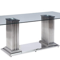 39" X 79" X 30" Stainless Steel Clear Glass Mirror Dining Table w-Double Pedestal