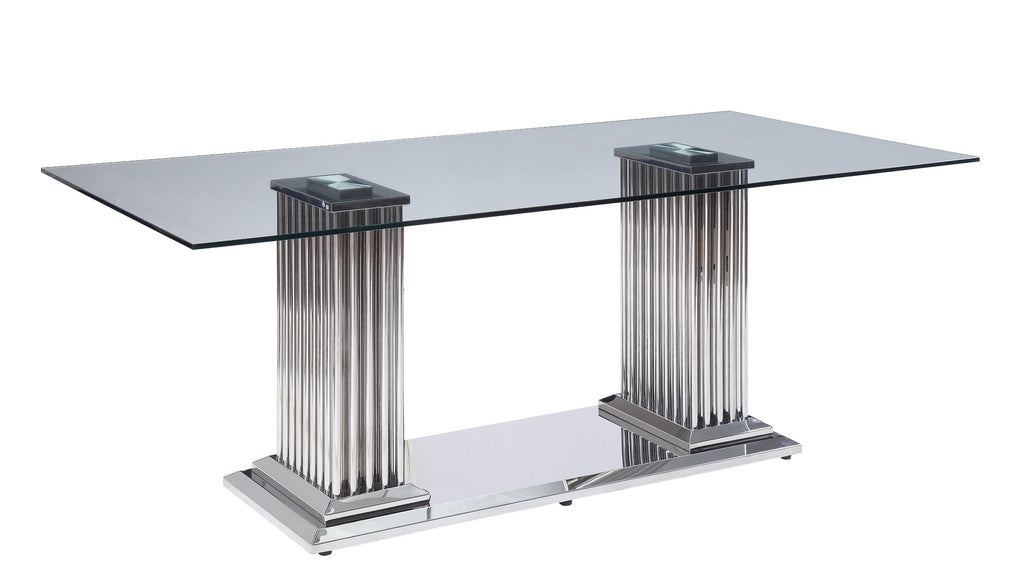 39" X 79" X 30" Stainless Steel Clear Glass Mirror Dining Table w-Double Pedestal