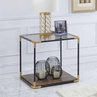 24" X 24" X 24" Black-Gold Smoky Glass Metal Wood Veneer (Paper) End Table