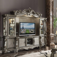 21" X 74" X 31" Antique Platinum Wood Poly Resin Glass TV Console