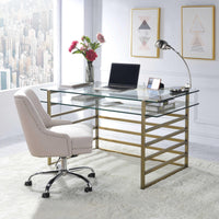 28" X 56" X 31" Antique Gold Clear Glass Metal Desk