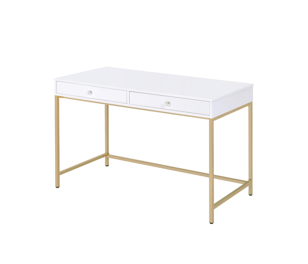 20" X 47" X 31" White High Gloss Gold Metal Wood Desk