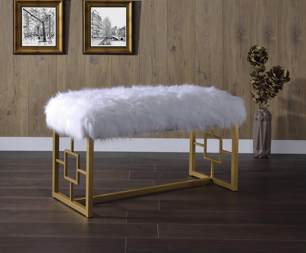 18" X 38" X 21" White Faux Fur Gold Metal Upholstered (Seat) Bench