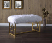 18" X 38" X 21" White Faux Fur Gold Metal Upholstered (Seat) Bench
