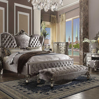 87" X 100" X 75" Velvet Antique Platinum Upholstery Poly Resin California King Bed