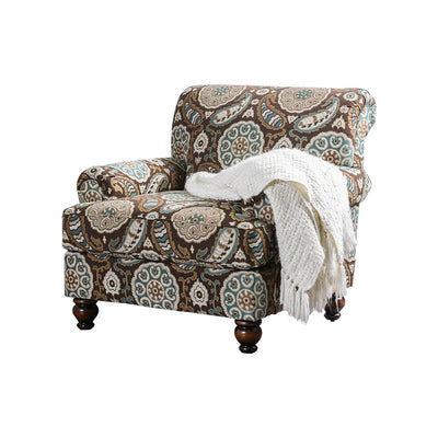 Wooden Sofa Chair With Printed Floral Fabric Upholstery, Multicolor