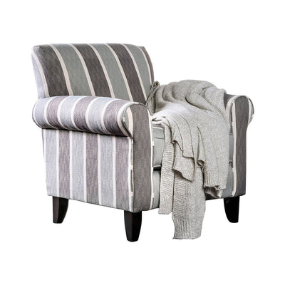 Stripe Patterned Fabric Sofa Chair With Wooden Frame, White & Gray