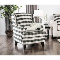 Stripe Patterned Fabric Upholstery Sofa Arm Chair In Wooden Frame, White & Gray