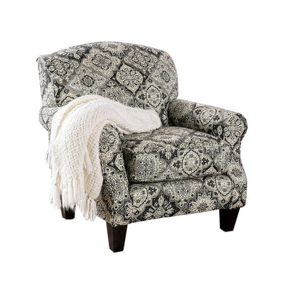 Wooden Sofa Arm Chair With Printed Fabric Upholstery, White & Gray