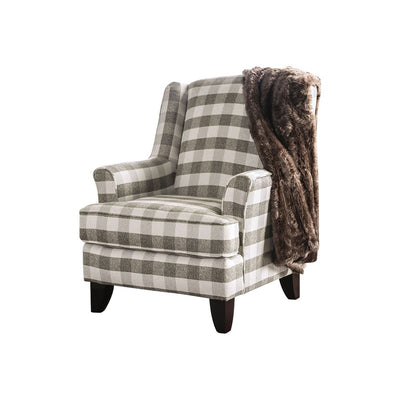 Checkered Fabric Sofa Chair With Wooden Frame, White & Gray