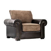 Leather and Fabric Upholstered Chair With Rolled Armrests, Brown