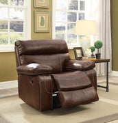 Leatherette Recliner With Large Padded Arms In Brown