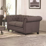Transitional Linen like Fabric & Wood Loveseat With Rolled Arms, Gray