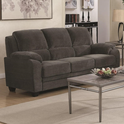 Transitional Wood & Chenille Sofa With Cushioned Armrests, Gray