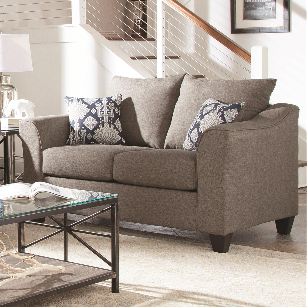 Transitional Wood & Fabric Loveseat With Accent Pillows, Gray