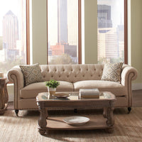 Contemporary Fabric & Wood Sofa With Accent Pillows, Beige and Brown