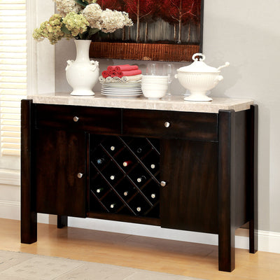 Wooden Server With Marble Top And Two Drawers, Brown