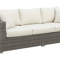 Faux Rattan Sofa with Seat & Back Cushions, Gray And Ivory