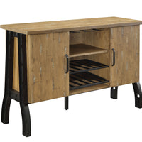 Metal Frame Wooden Server With Two Cabinets And Open Shelves, Oak Brown And Gray