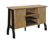 Metal Frame Wooden Server With Two Cabinets And Open Shelves, Oak Brown And Gray