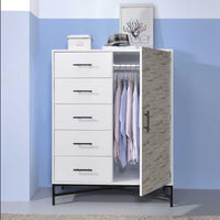 Wood & Metal Wardrobe with Five Drawers & One Cabinet, White & Black