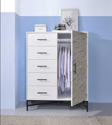 Wood & Metal Wardrobe with Five Drawers & One Cabinet, White & Black
