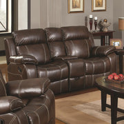 Contemporary Plush Bonded Leather Motion Loveseat With Console, Dark Brown