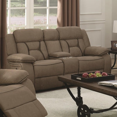 Fabric Upholstered Microfiber Motion Loveseat With Console, Brown