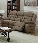 Fabric Upholstered Padded Microfiber Motion Sofa With Contrast Stitching, Brown