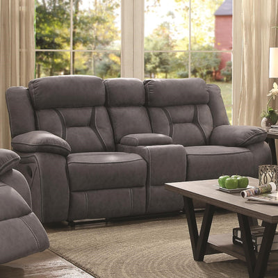 Fabric Upholstered Microfiber Motion Loveseat With Console, Gray