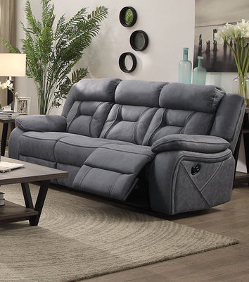 Fabric Upholstered Padded Microfiber Motion Sofa With Contrast Stitching, Gray