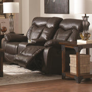 Leatherette Upholstered Contemporary Reclining Love Seat With Cup Holders, Brown