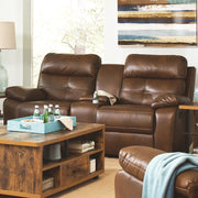 Contemporary Style Tufted Faux Leather Reclining Loveseat With Console, Brown