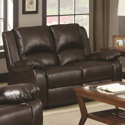 Modern Style Double Reclining Motion Love Seat In Leatherette, Brown