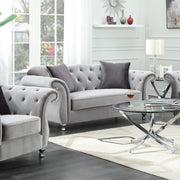 Fabric Upholstered Loveseat With Nail Head Accents And Chrome Legs, Light Gray