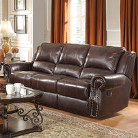 Contemporary Style Top Grain Leather Motion Sofa With Nailhead Accents, Brown