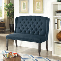 Tufted High Back 2 Seater Love Seat Bench With Nailhead Trims, Blue