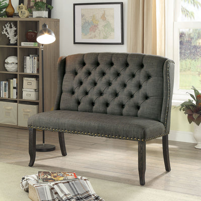 Tufted High Back 2 Seater Love Seat Bench With Nailhead Trims, Gray