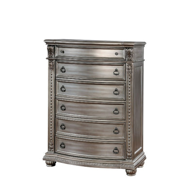 Six Drawer Solid Wood Chest with Marble Top and Bun Feet, Silver