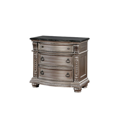 Solid Wood with Marble Top Nightstand with Three Drawers, Silver