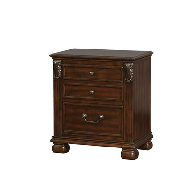 Two Drawer Solid Wood Nightstand with Metal Handles, Cherry Brown