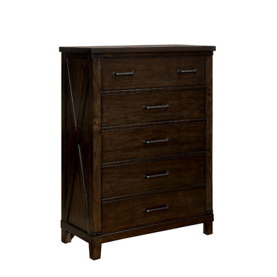 Five Drawer Solid Wood Chest with Metal Bar Handle, Walnut Brown