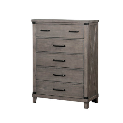Five Drawer Solid Wood Chest with Crossed Planked Side Panels, Gray