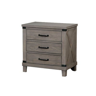 Three Drawer Solid Wood Nightstand with Crossed Planked Side Panels, Gray