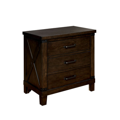 Three Drawer Nightstand with Metal Handle And Crossed Planked Side Panels, Brown