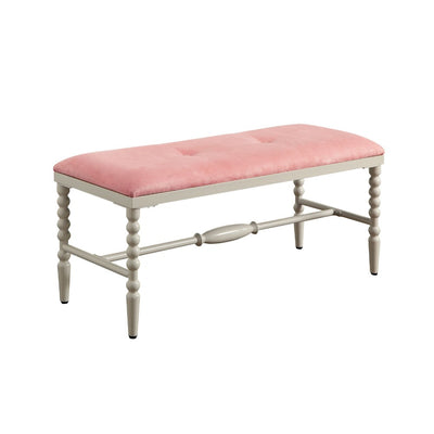 Fabric Upholstered Bench with Metal Beaded Feet, White And Pink
