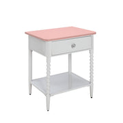 Solid Wood and Metal Nightstand With Spacious Storage, White and Pink
