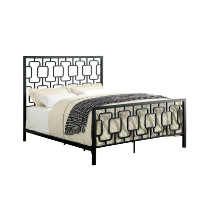 California King Metal Bed with Geometric Pattern Headboard And Footboard, Black